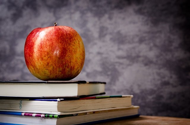 apple balanced on school textbooks