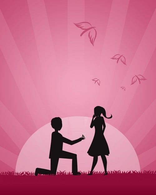 illustration of kneeling man proposing to woman in front of pink sunset