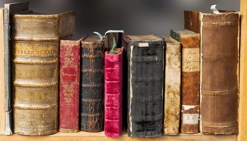 old library books lined up on a shelf