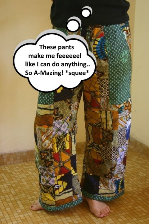 person wearing patchwork pants that make them feel good