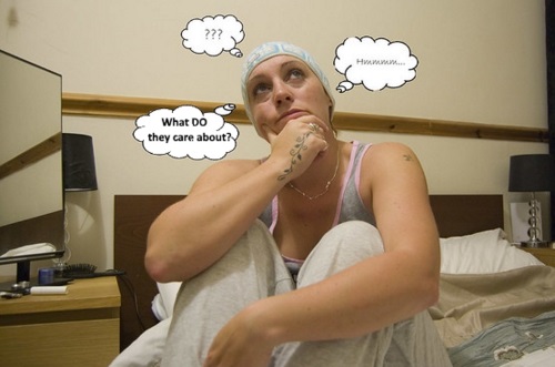 woman wearing thinking cap surrounded by speech balloons