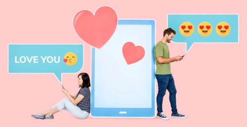 man and woman texting love emojis