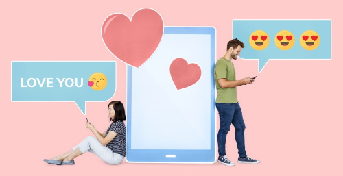 man and woman texting love emojis