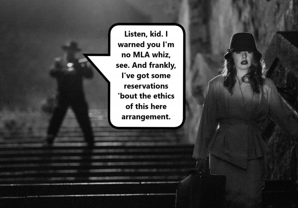 nervous woman walking away from man issuing warning in film noir scene