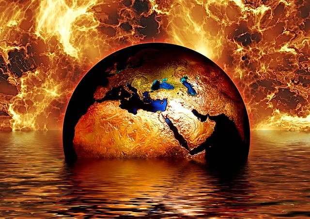 image of earth with fiery sky and water